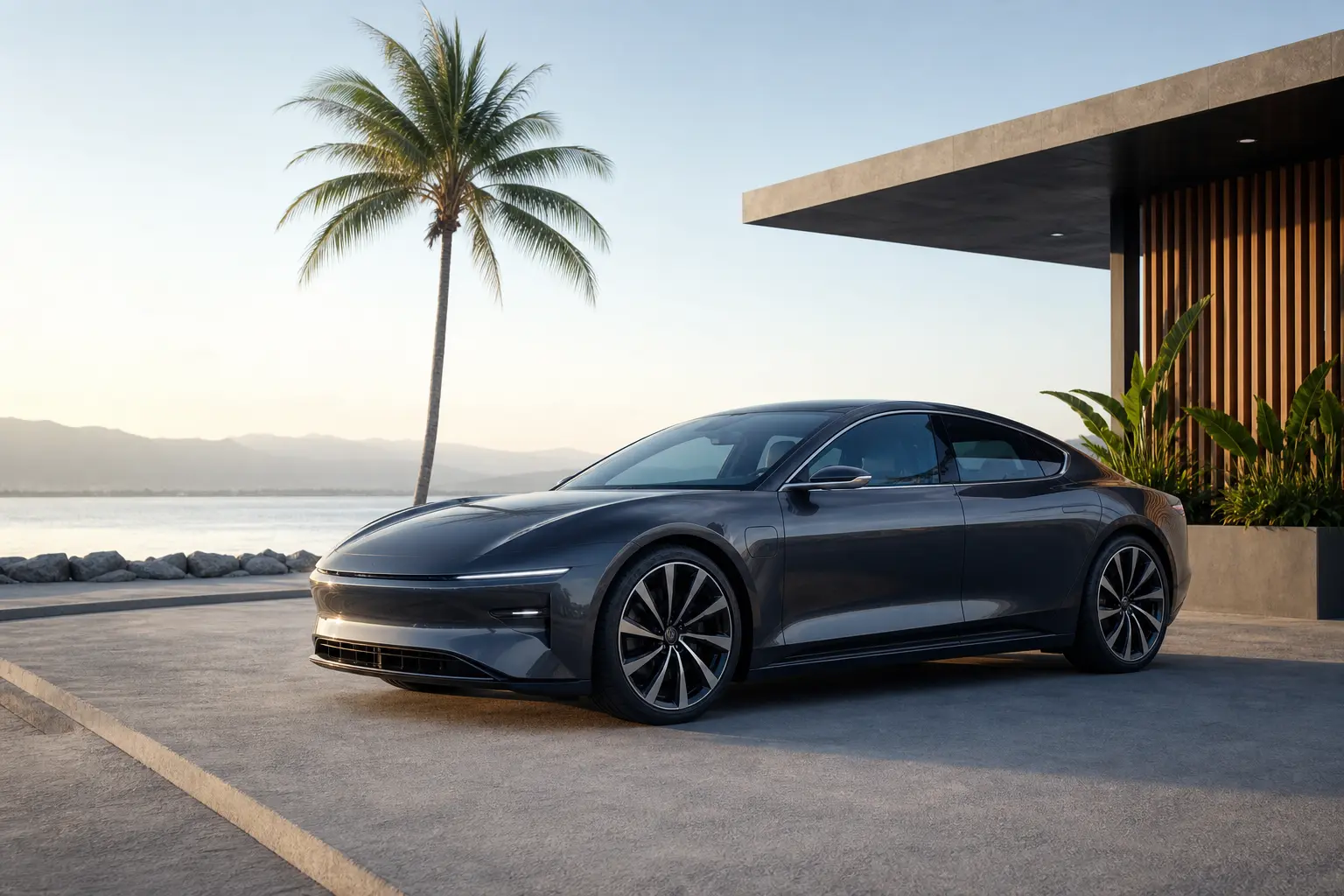 Electric grand tourer on the road